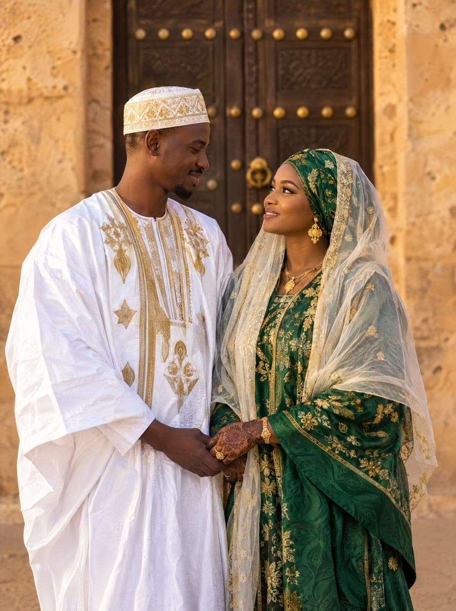 Jeunes mariés mauritaniens en grand boubou brodé devant une porte traditionnelle